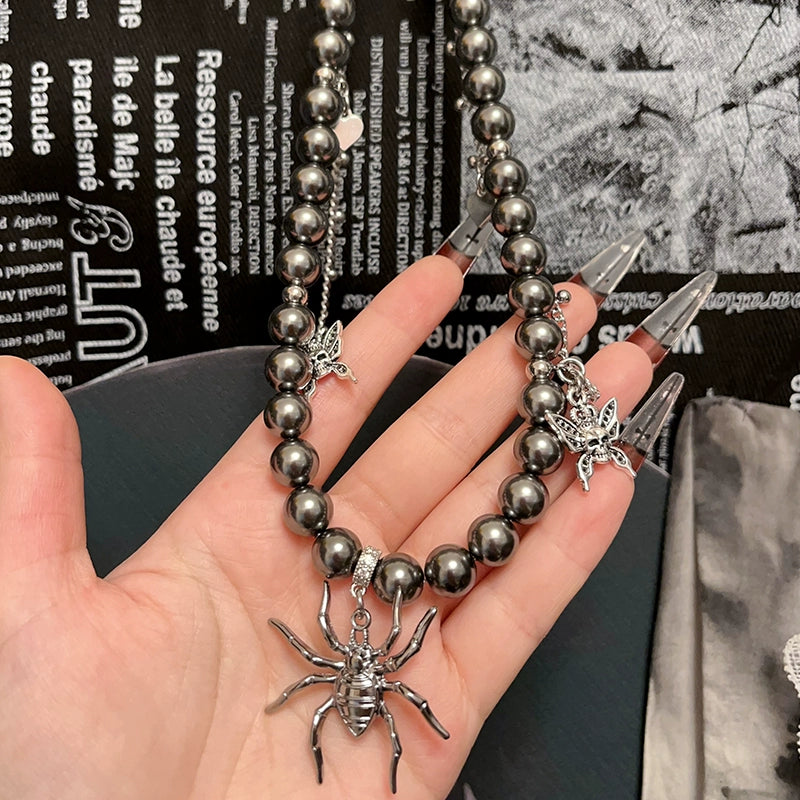 Necklaces-Ersan Tongsheng Original Grey Crystal Glass Pearl Spider Pendant Skull Pearl Splicing Punk Collarbone Chain