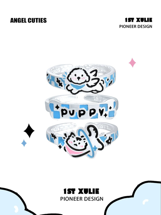 Angel Kitty & Puppy Silver Ring