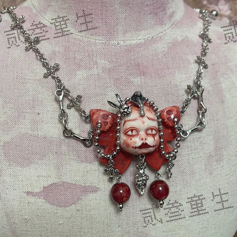 Necklaces-Ersan Tongsheng Original Handmade Clay Spice Girl Dark Butterfly Decadent Cross Doll Niche Subculture Necklace