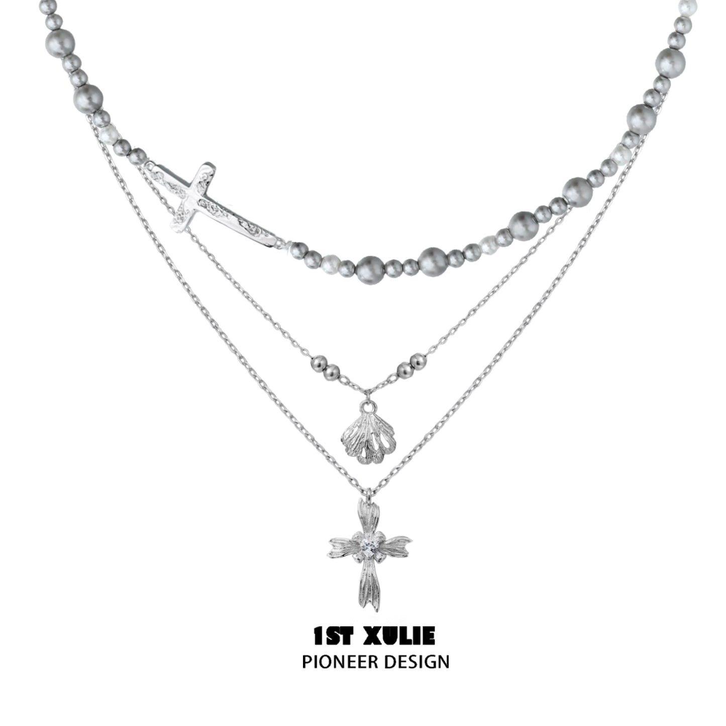 Necklaces-1STXULIE Gray Pearl Sterling Silver Necklace Does Not Fade Original Niche Design Premium Cross Double Clavicle Chain