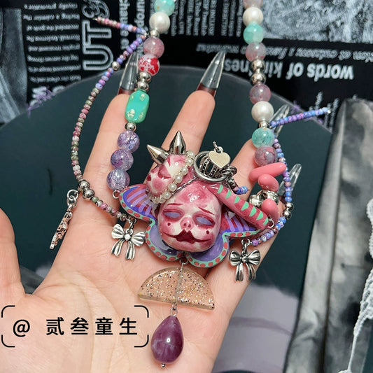 Necklaces-Ersan Tongsheng Original Cute Summer Dopamine Color Necklace Demon Doll Butterfly Sweet Cool Spice Girl Necklace
