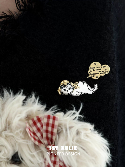 Cute Lazy Cat Silver Brooch