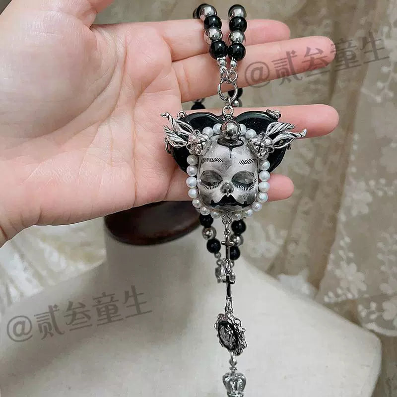 Necklaces-Ersan Tongsheng Original Design Black Grey Light Dark Niche Glass Bead Gothic Wind Pendant Necklace Clavicle Chain