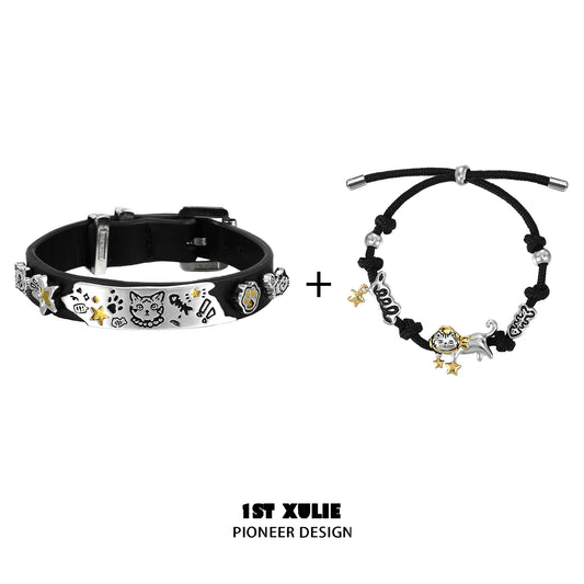 Black Cool Kitty Leather Bracelet