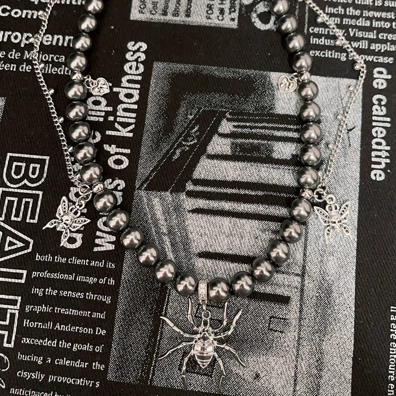 Necklaces-Ersan Tongsheng Original Grey Crystal Glass Pearl Spider Pendant Skull Pearl Splicing Punk Collarbone Chain