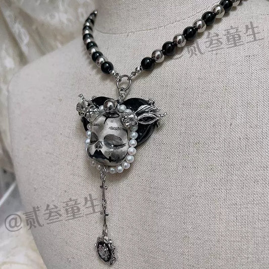 Necklaces-Ersan Tongsheng Original Design Black Grey Light Dark Niche Glass Bead Gothic Wind Pendant Necklace Clavicle Chain
