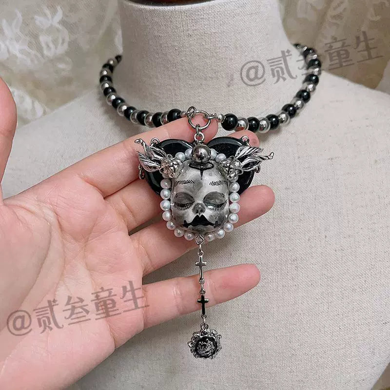 Necklaces-Ersan Tongsheng Original Design Black Grey Light Dark Niche Glass Bead Gothic Wind Pendant Necklace Clavicle Chain