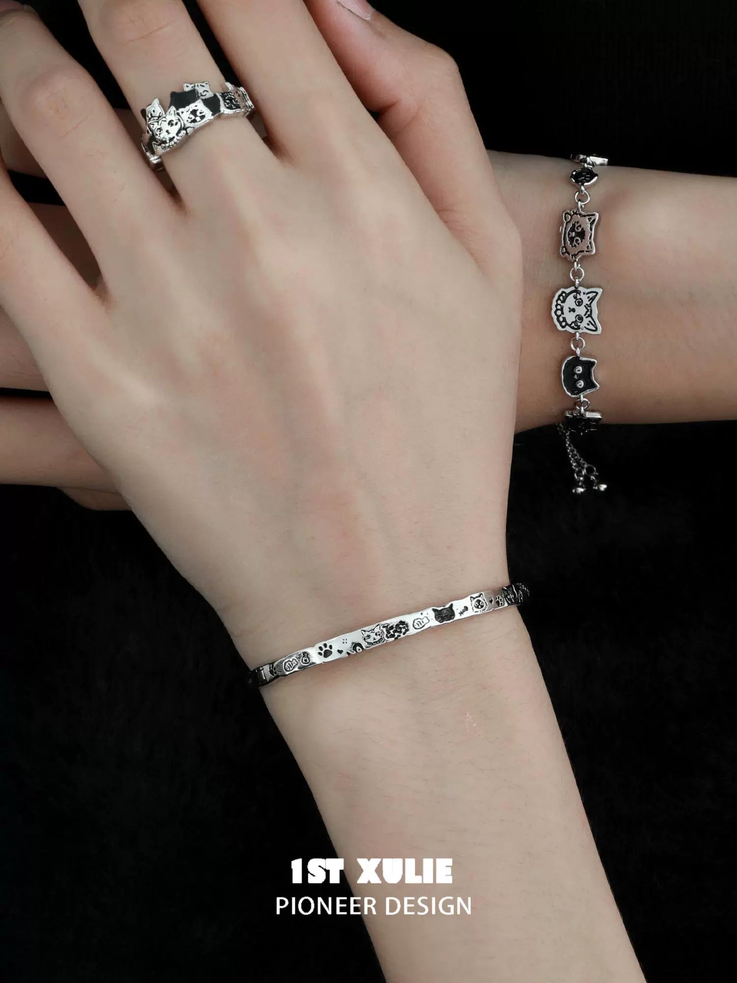 Happy Graffiti Cat Silver Bracelet