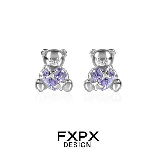 Purple Bear Zircon Stud Earrings