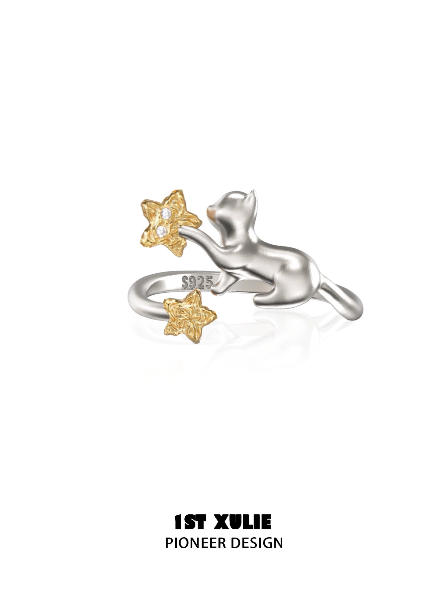 Star-Picking Cat Cool Silver Ring