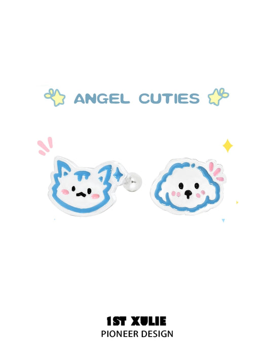 Angel Cat & Puppy Silver Earrings