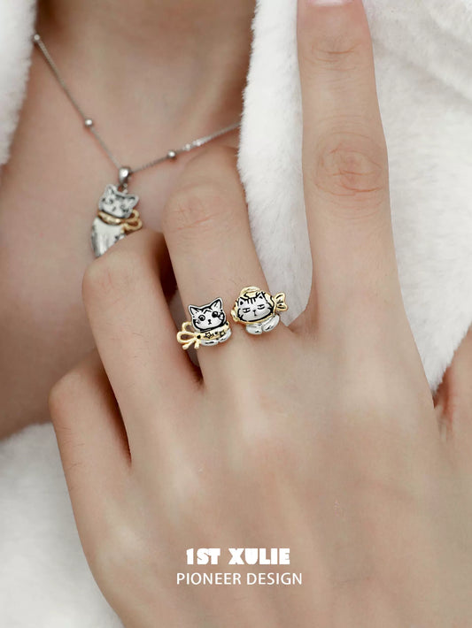 Cute Lazy Cat Silver Ring