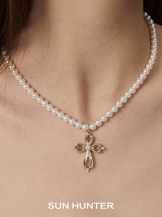 Vintage Cross Pearl Clavicle Necklace