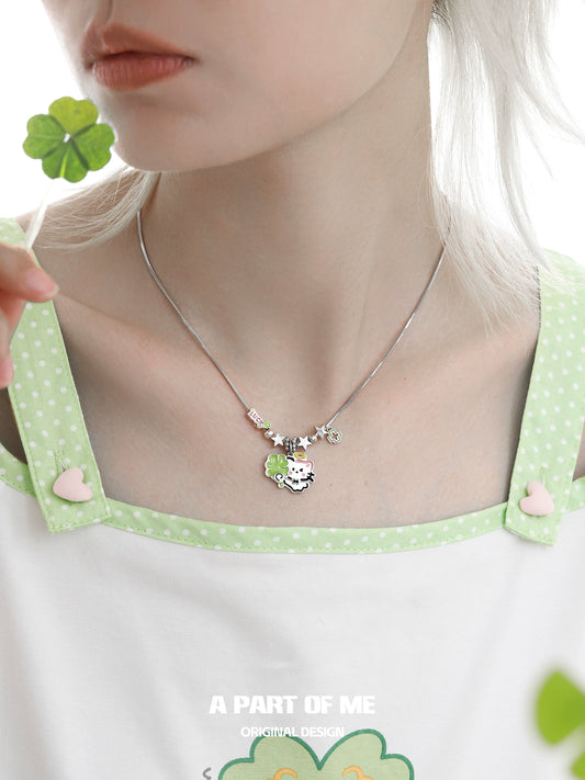Lucky Clover Cat & Puppy Necklace