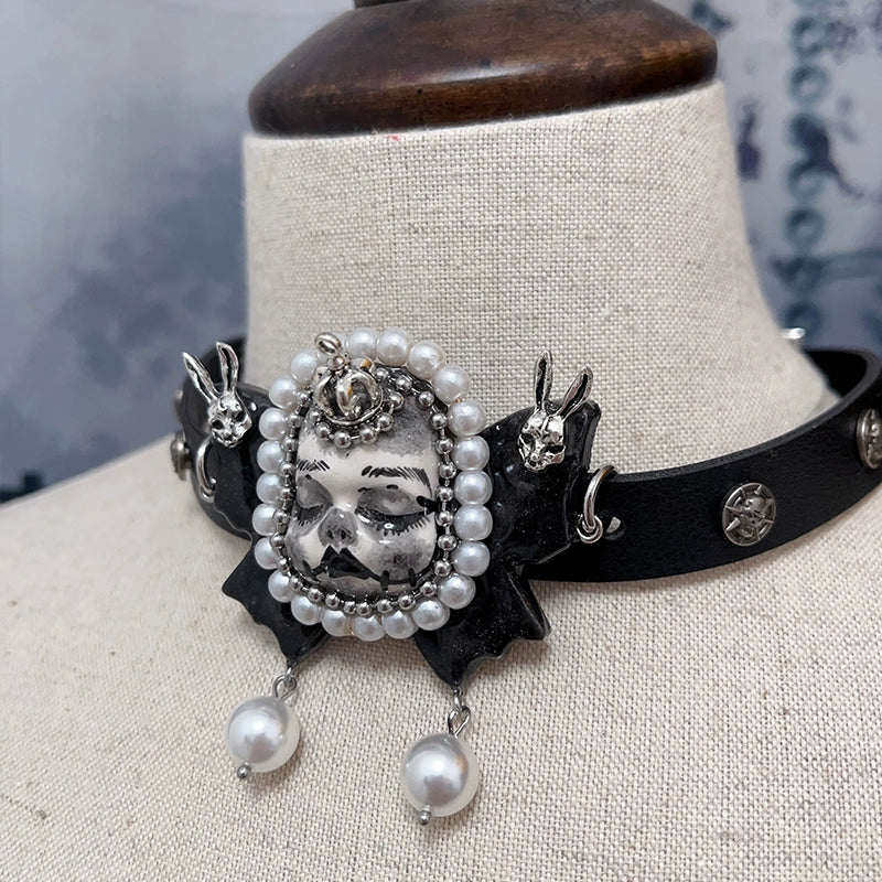 Necklaces-Ersan Tongsheng Original Design Pearl Titanium Steel Necklace Heavy Industry Diablo Goth Collarbone Chain Choker Vintage Doll