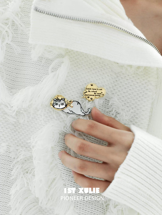 Cute Lazy Cat Silver Brooch