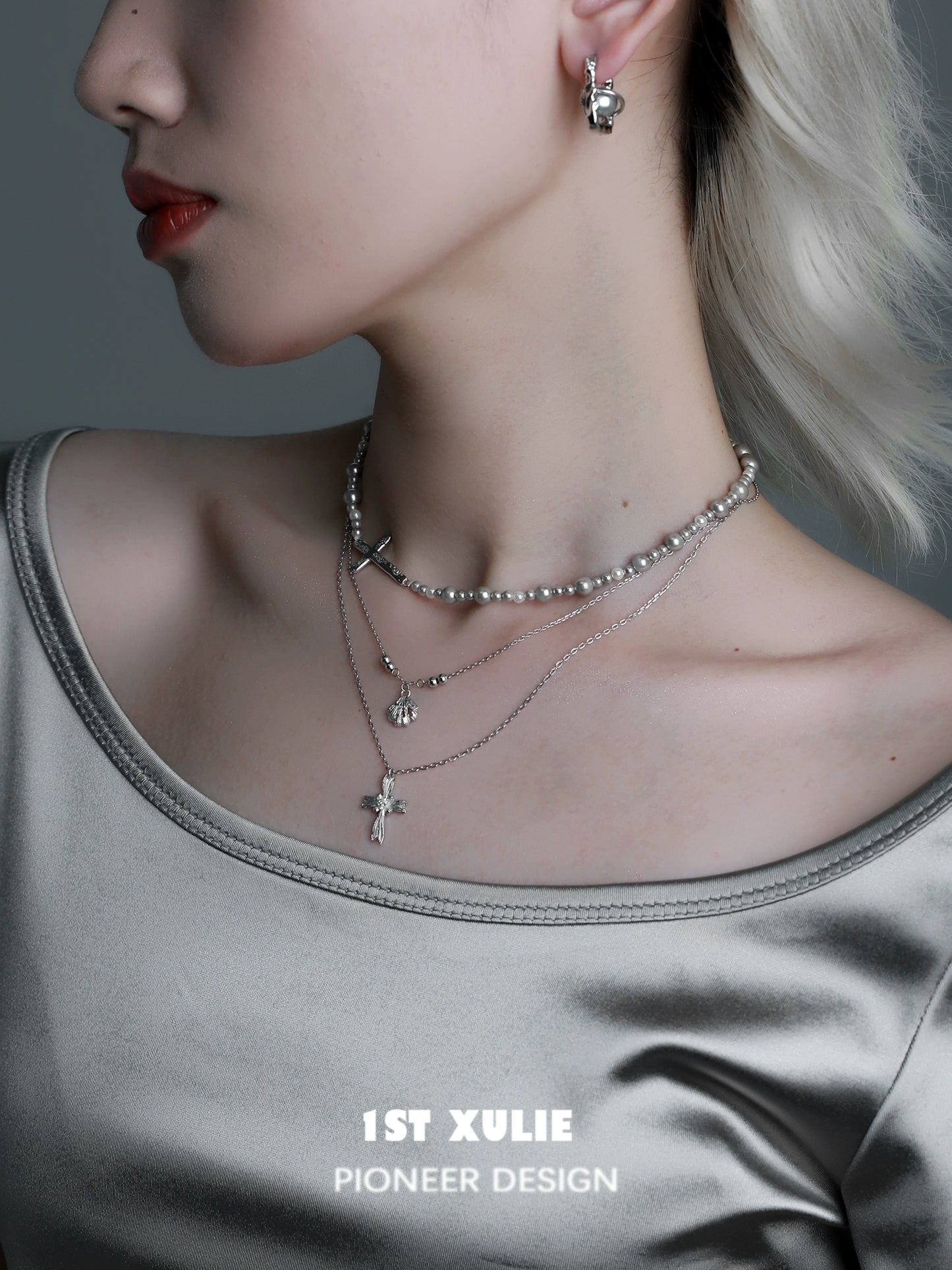Necklaces-1STXULIE Gray Pearl Sterling Silver Necklace Does Not Fade Original Niche Design Premium Cross Double Clavicle Chain
