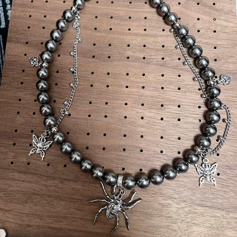 Necklaces-Ersan Tongsheng Original Grey Crystal Glass Pearl Spider Pendant Skull Pearl Splicing Punk Collarbone Chain