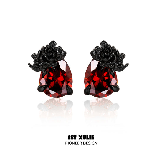 Y2K Dark Rose Gem Silver Earrings