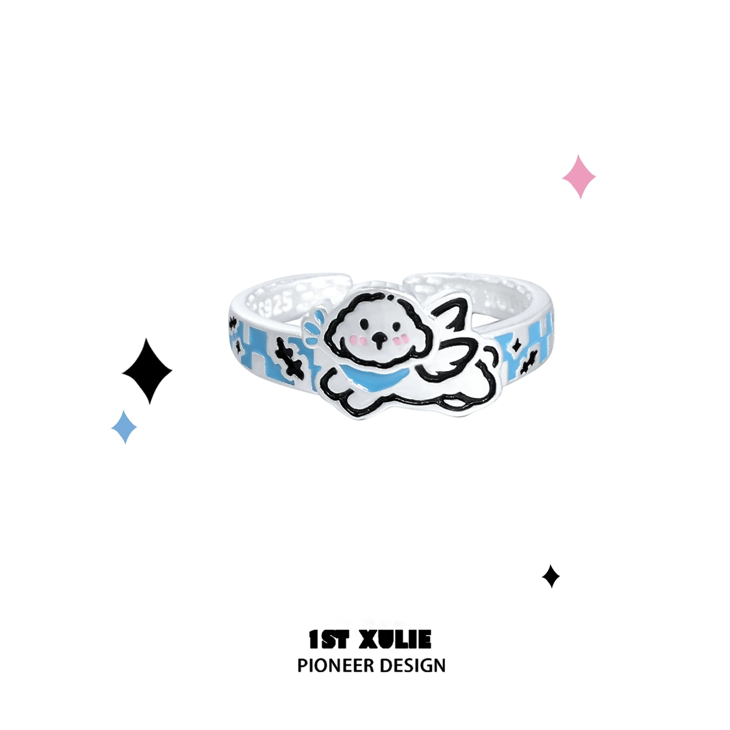 Angel Kitty & Puppy Silver Ring