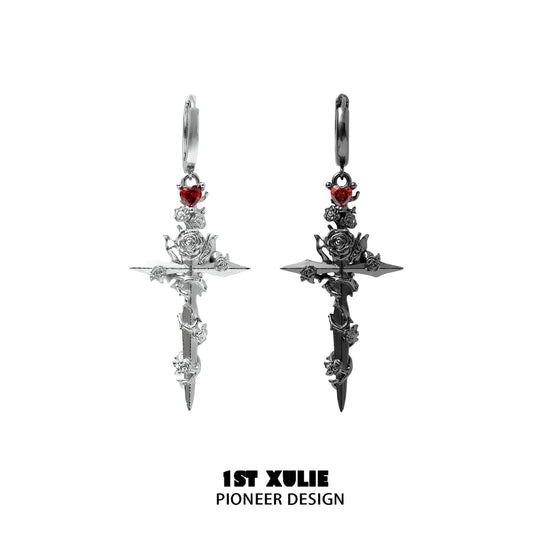 Y2K Crimson Rose Cross Earrings