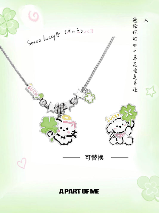 Lucky Clover Cat & Puppy Necklace