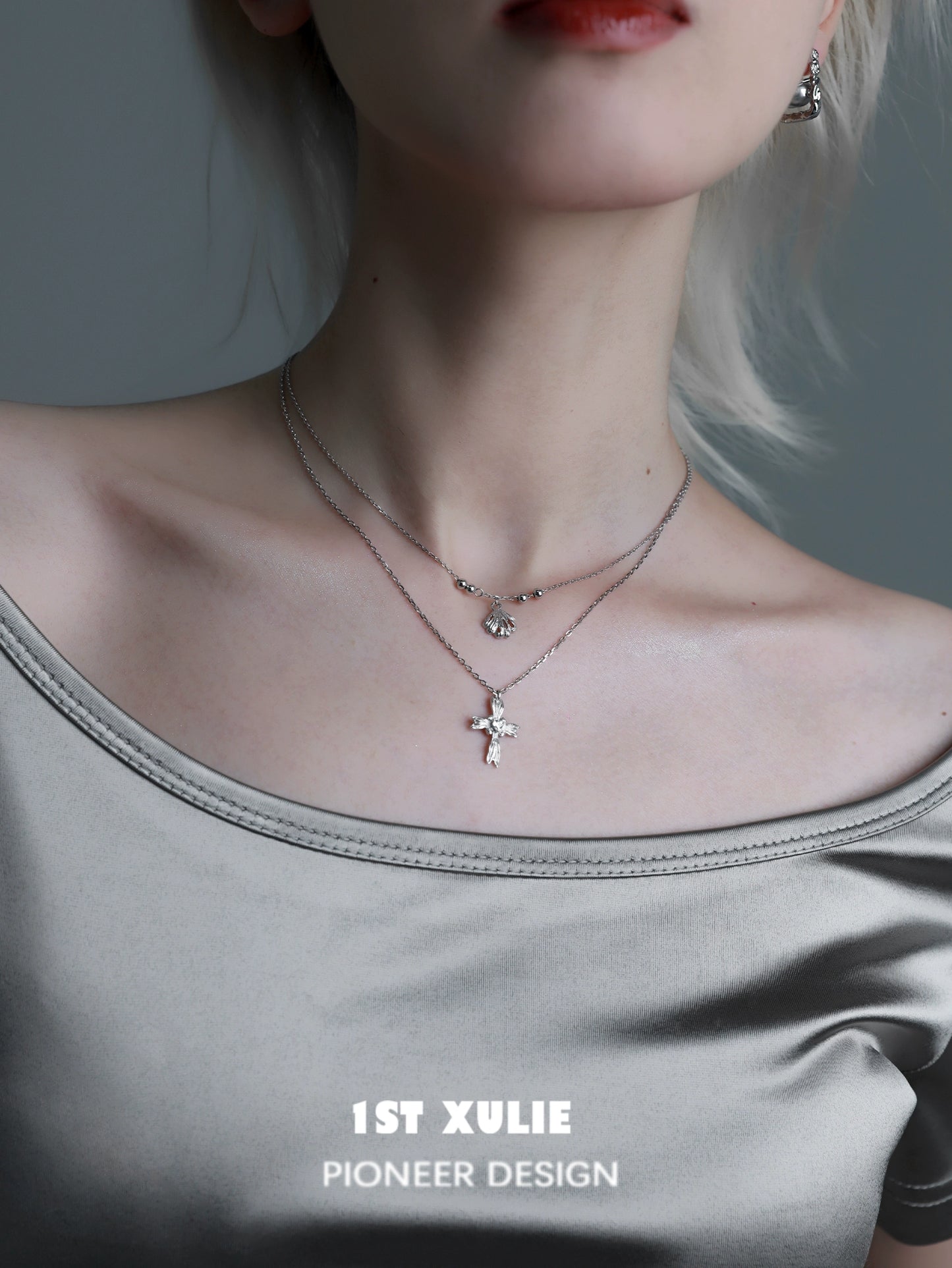 Necklaces-1STXULIE Gray Pearl Sterling Silver Necklace Does Not Fade Original Niche Design Premium Cross Double Clavicle Chain