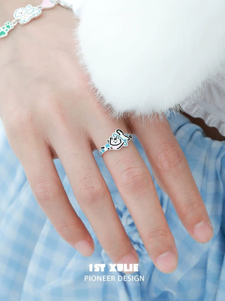 Angel Kitty & Puppy Silver Ring