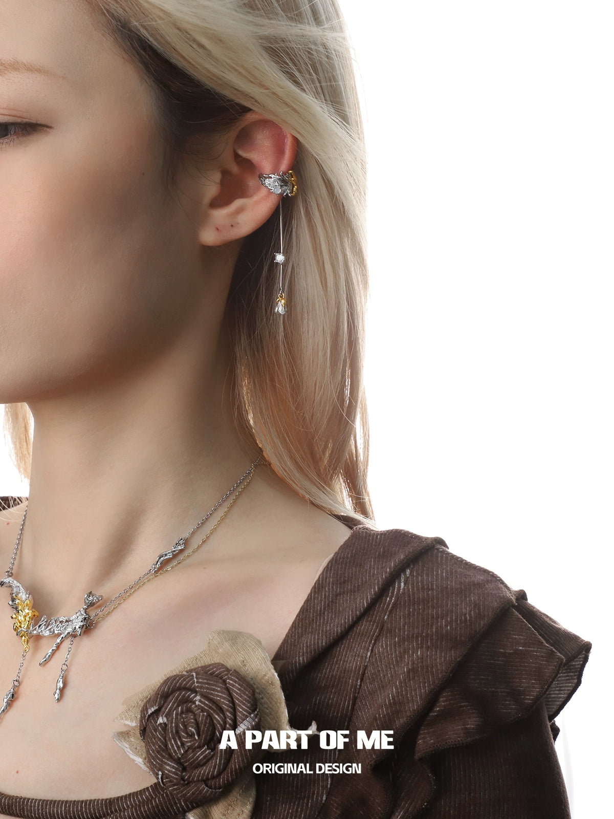 Feather Rose Zircon Ear Cuffs