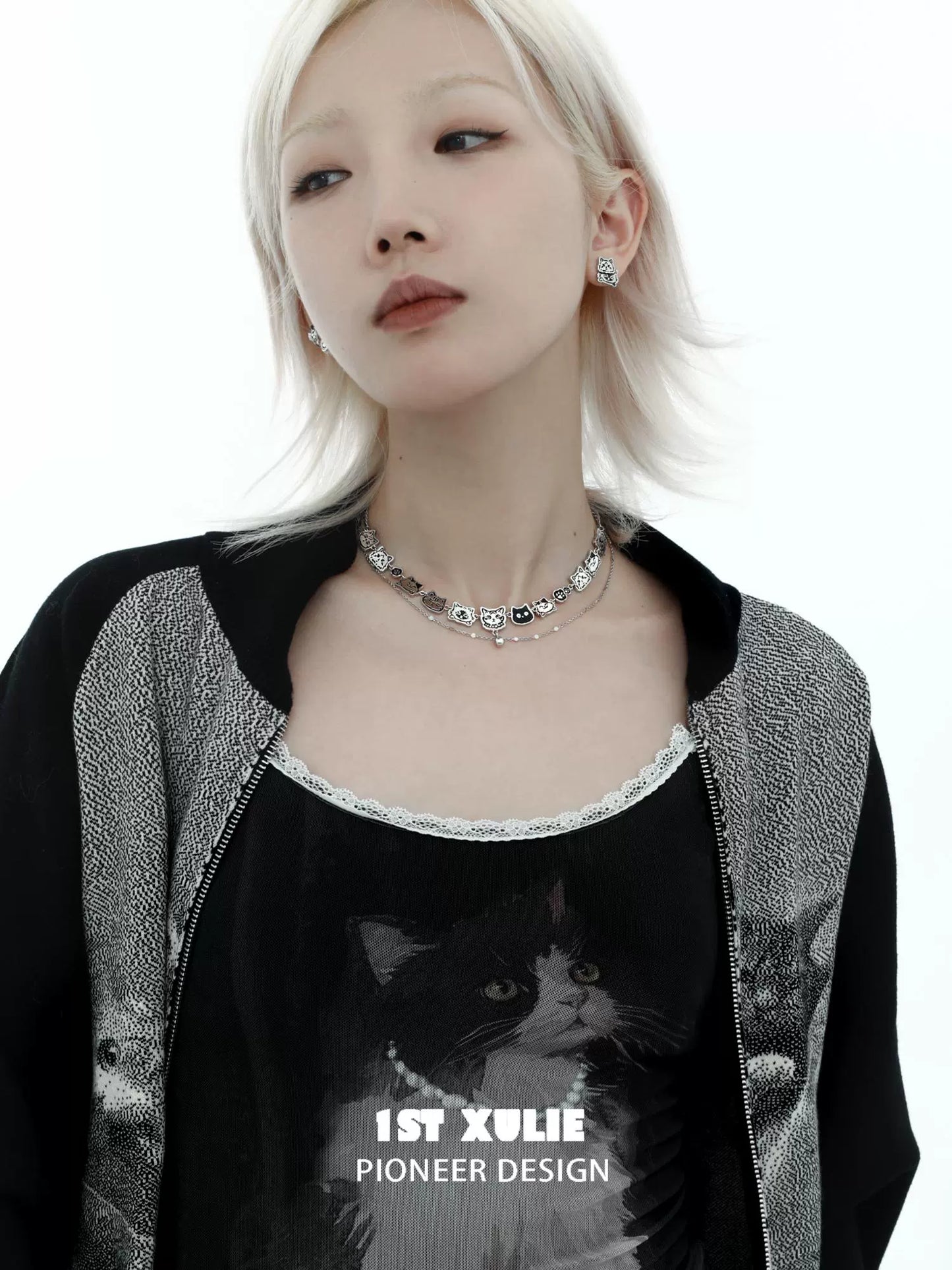 Necklaces-1STXULIE Graffiti Cat Double Necklace Original Niche Design Advanced Sweet Cool Clavicle Chain 2025 New