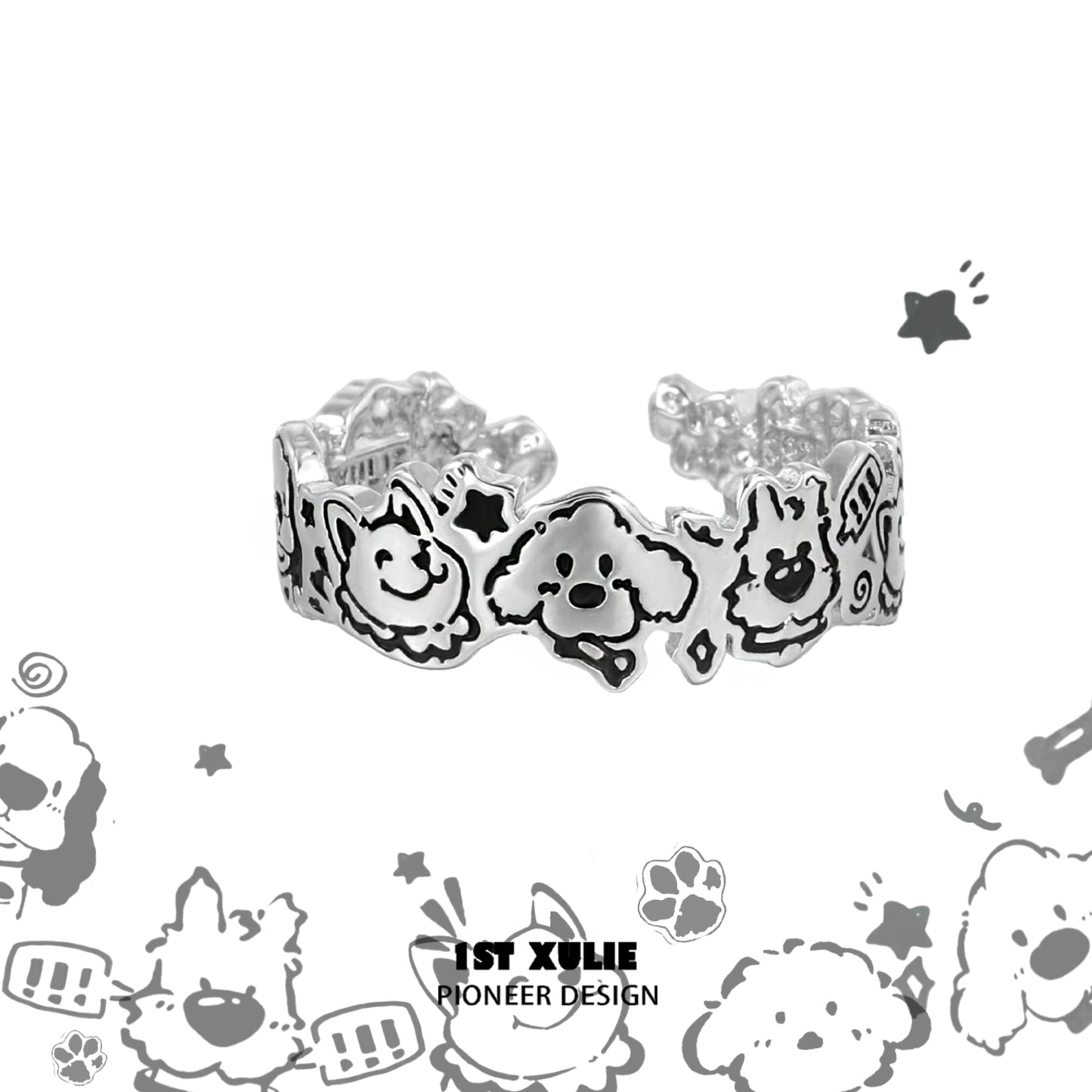 Y2K Happy Puppy Silver Ring