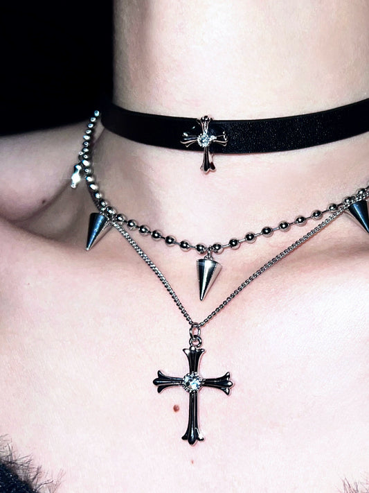 "Dark Iris" Cross Leather Necklace