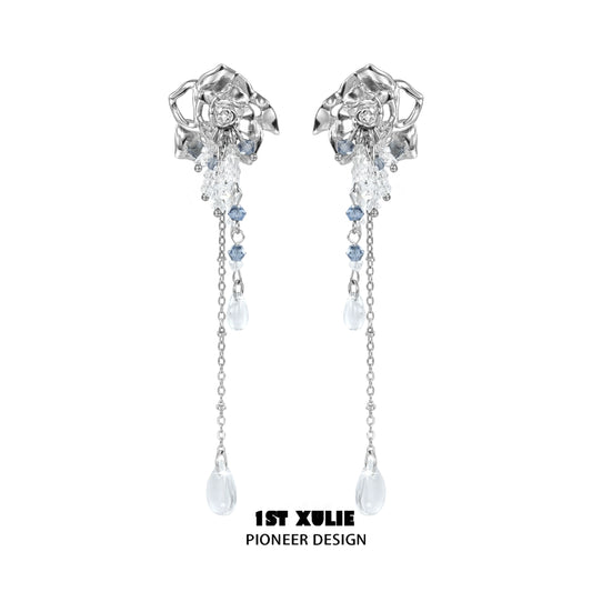 Crystal Rose Tassel Earrings