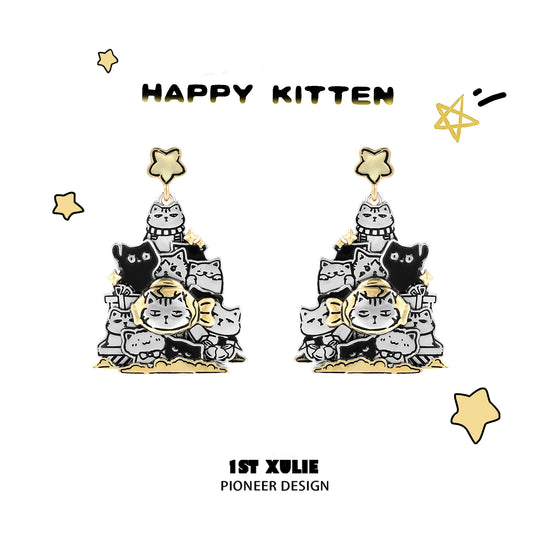 Cute Cat Family Silver Stud Earrings