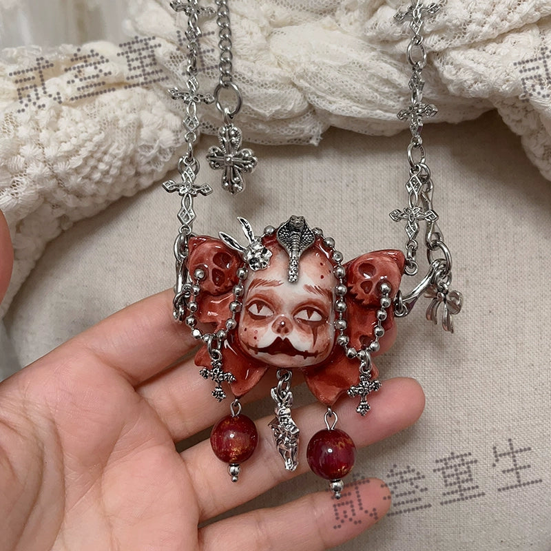 Necklaces-Ersan Tongsheng Original Handmade Clay Spice Girl Dark Butterfly Decadent Cross Doll Niche Subculture Necklace