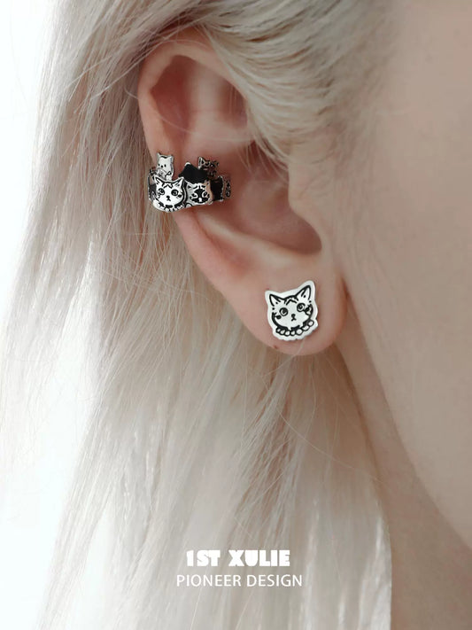 Chic Graffiti Cat Silver Stud Earrings