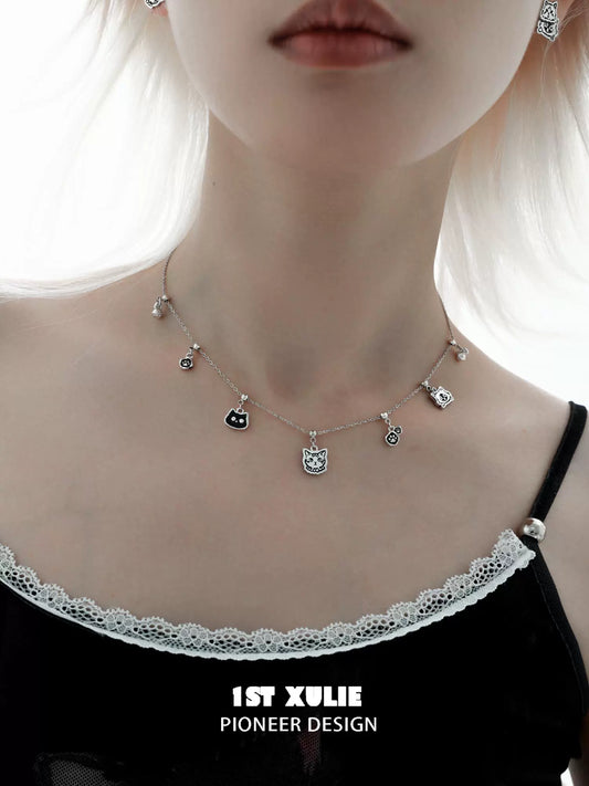 Necklaces-1STXULIE Graffiti Cat Sterling Silver Necklace Does Not Fade Original Niche Design Premium Clavicle Chain 2025 New