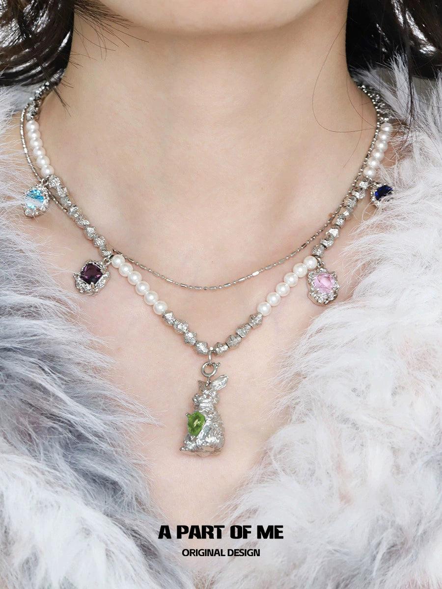 Rainbow Zircon Rabbit Necklace
