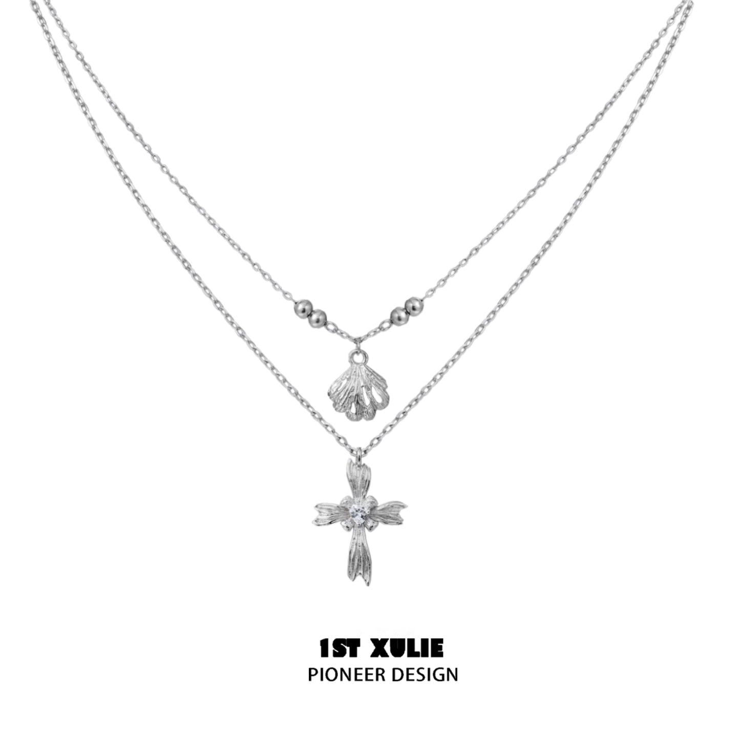 Necklaces-1STXULIE Gray Pearl Sterling Silver Necklace Does Not Fade Original Niche Design Premium Cross Double Clavicle Chain