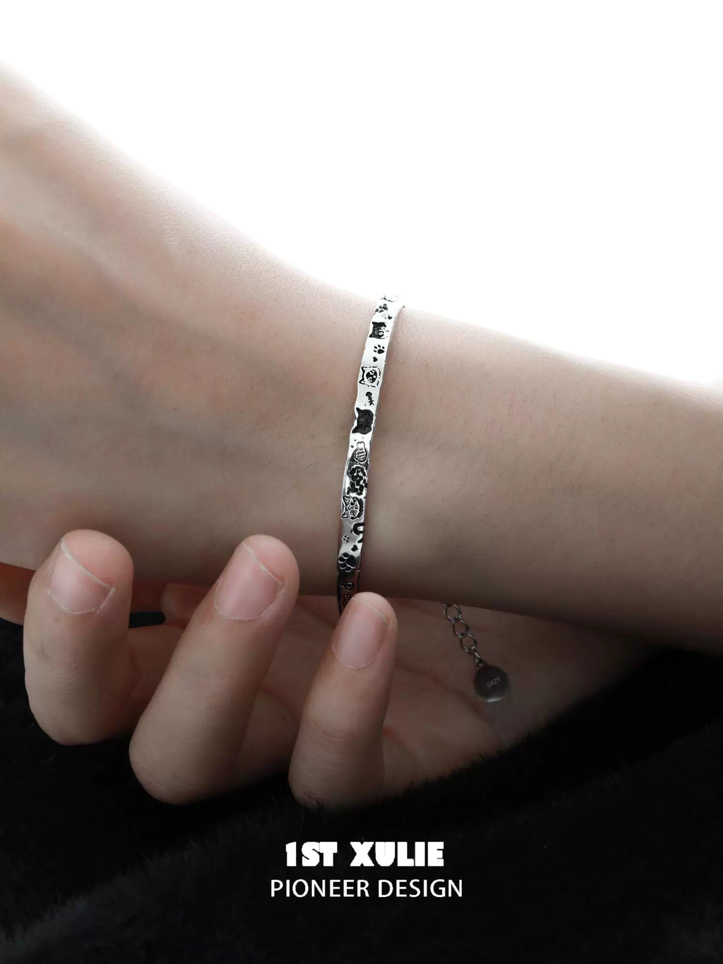 Happy Graffiti Cat Silver Bracelet