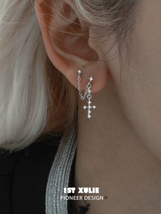 Futuristic Chain Cross Silver Earrings