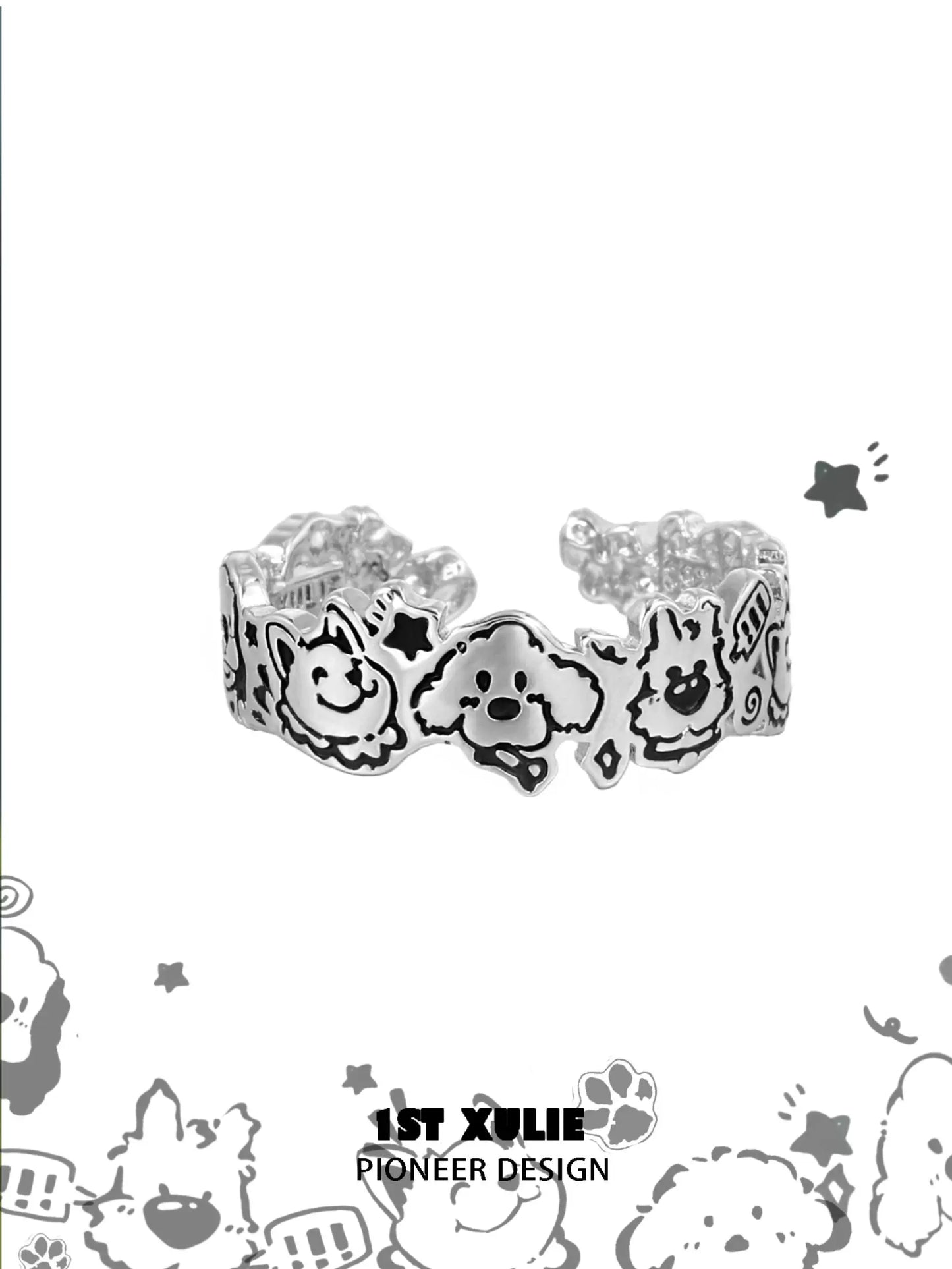 Y2K Happy Puppy Silver Ring