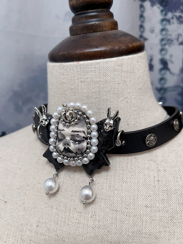Necklaces-Ersan Tongsheng Original Design Pearl Titanium Steel Necklace Heavy Industry Diablo Goth Collarbone Chain Choker Vintage Doll