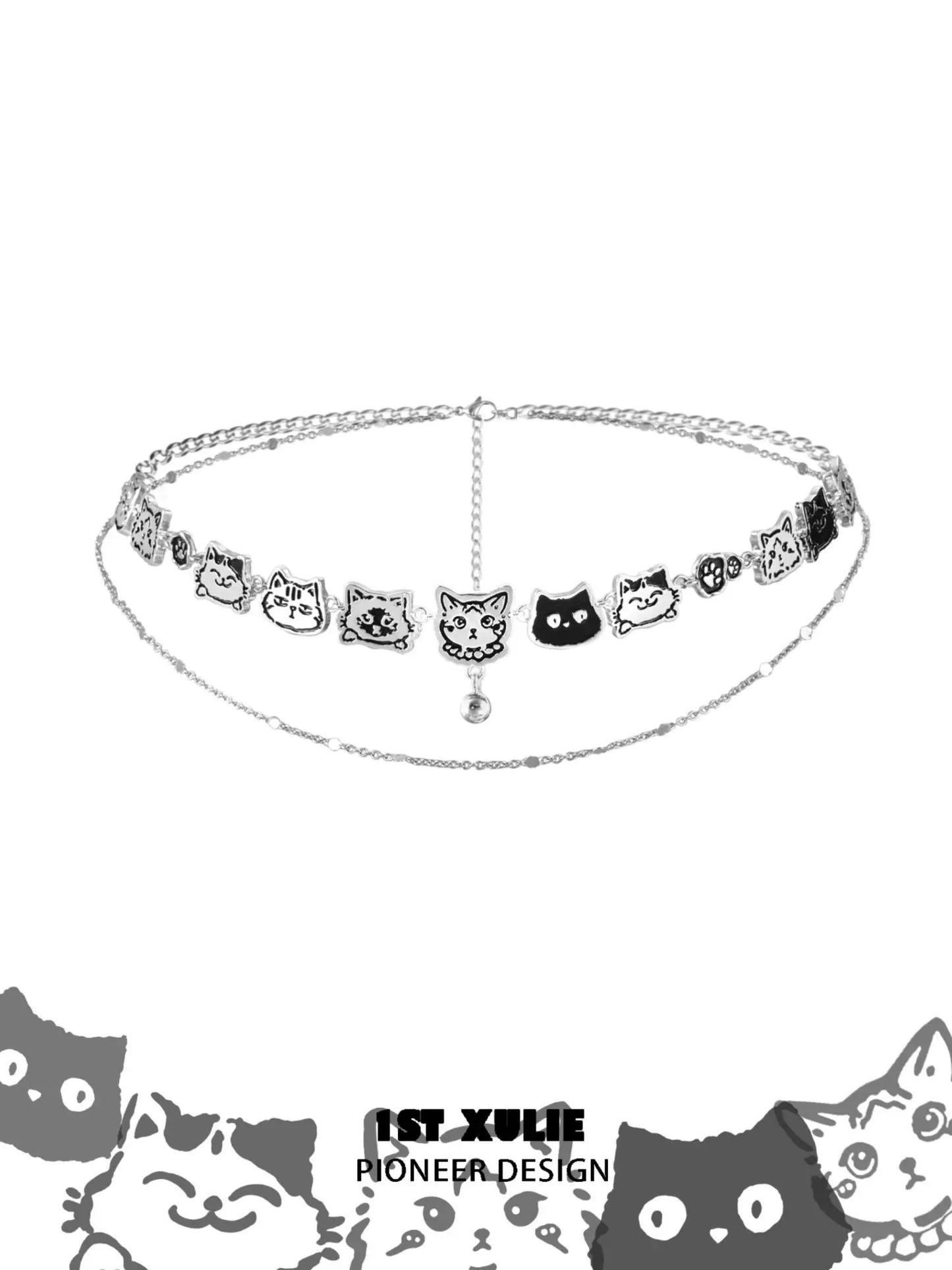 Necklaces-1STXULIE Graffiti Cat Double Necklace Original Niche Design Advanced Sweet Cool Clavicle Chain 2025 New
