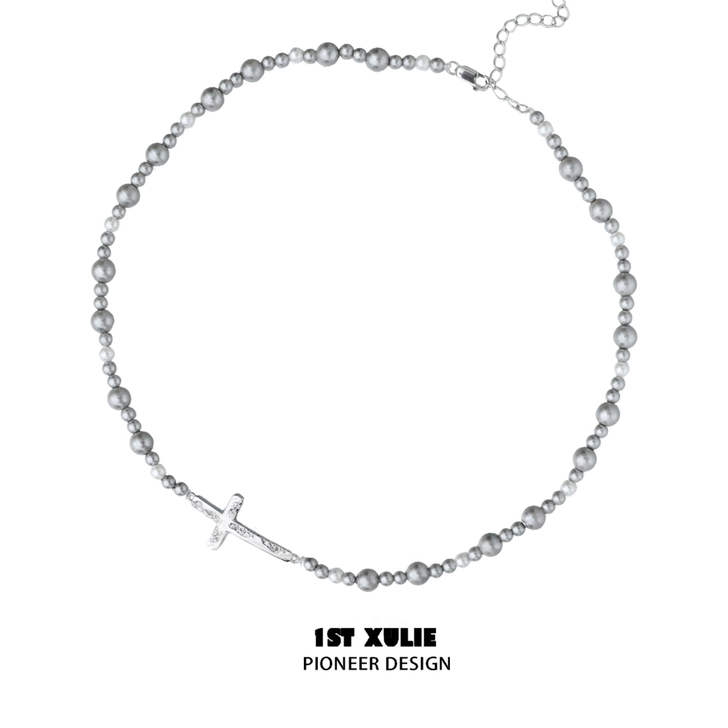 Necklaces-1STXULIE Gray Pearl Sterling Silver Necklace Does Not Fade Original Niche Design Premium Cross Double Clavicle Chain
