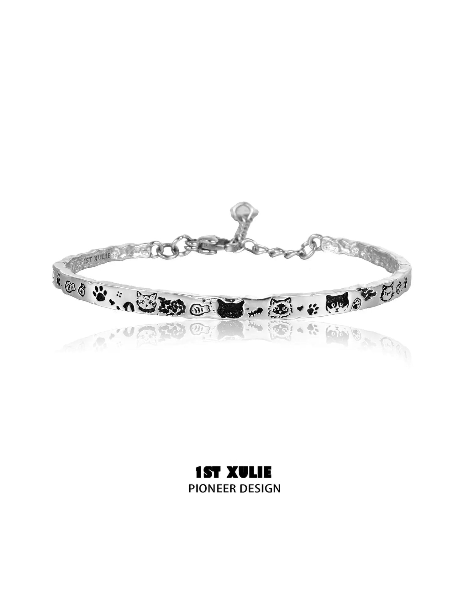 Happy Graffiti Cat Silver Bracelet