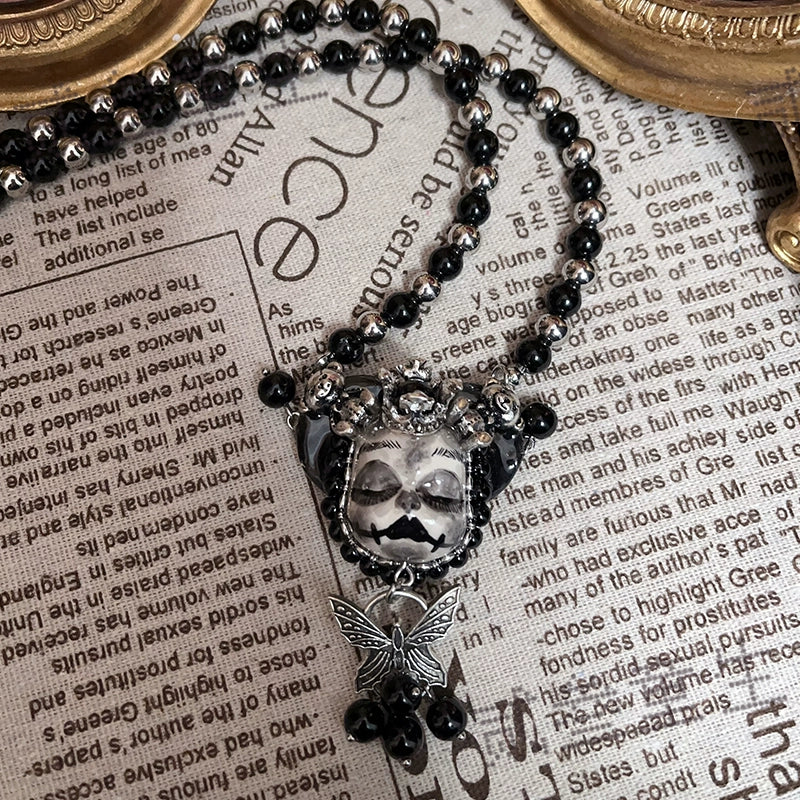 Necklaces-Ersan Tongsheng Original Handmade Doll Pendant Beaded Clavicle Chain Necklace Dark Subculture Black