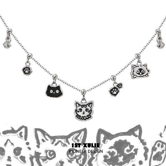 Necklaces-1STXULIE Graffiti Cat Sterling Silver Necklace Does Not Fade Original Niche Design Premium Clavicle Chain 2025 New