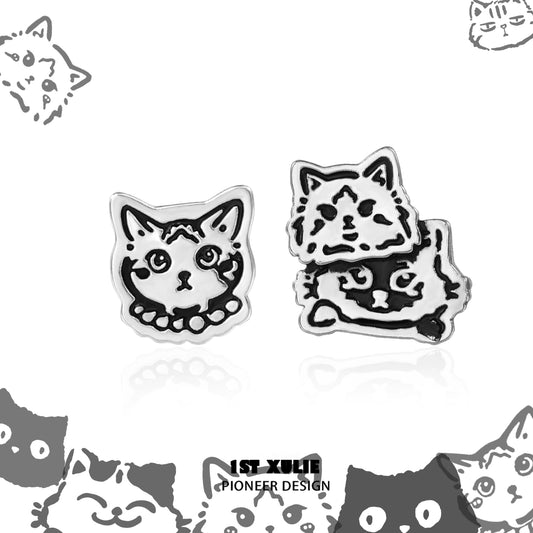 Chic Graffiti Cat Silver Stud Earrings