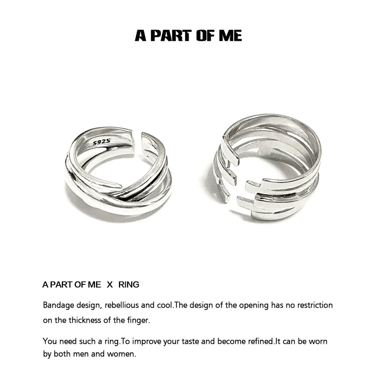 A PART OF ME bandage wrap punk ring in silver with adjustable design for men and women